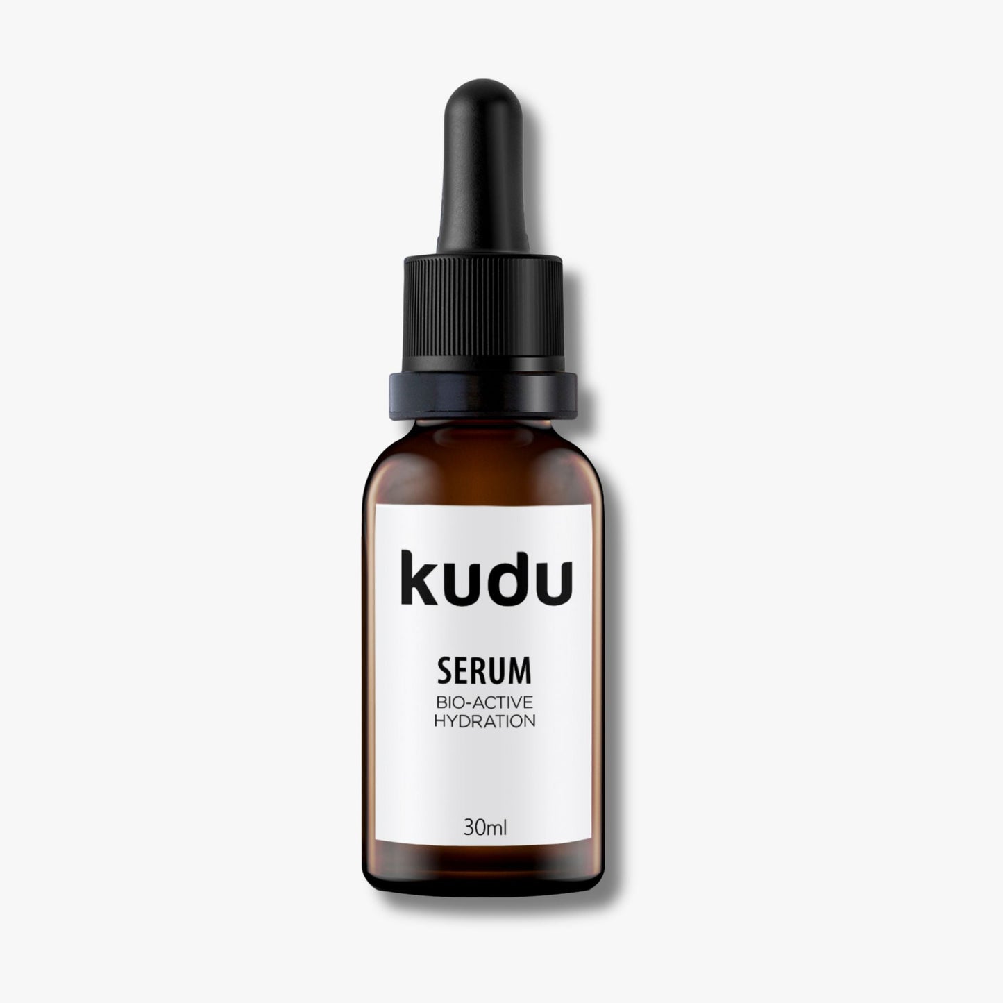 An amber dropper bottle with Kudu Cosmetica Serum Bio Active Hydration on a plain background.