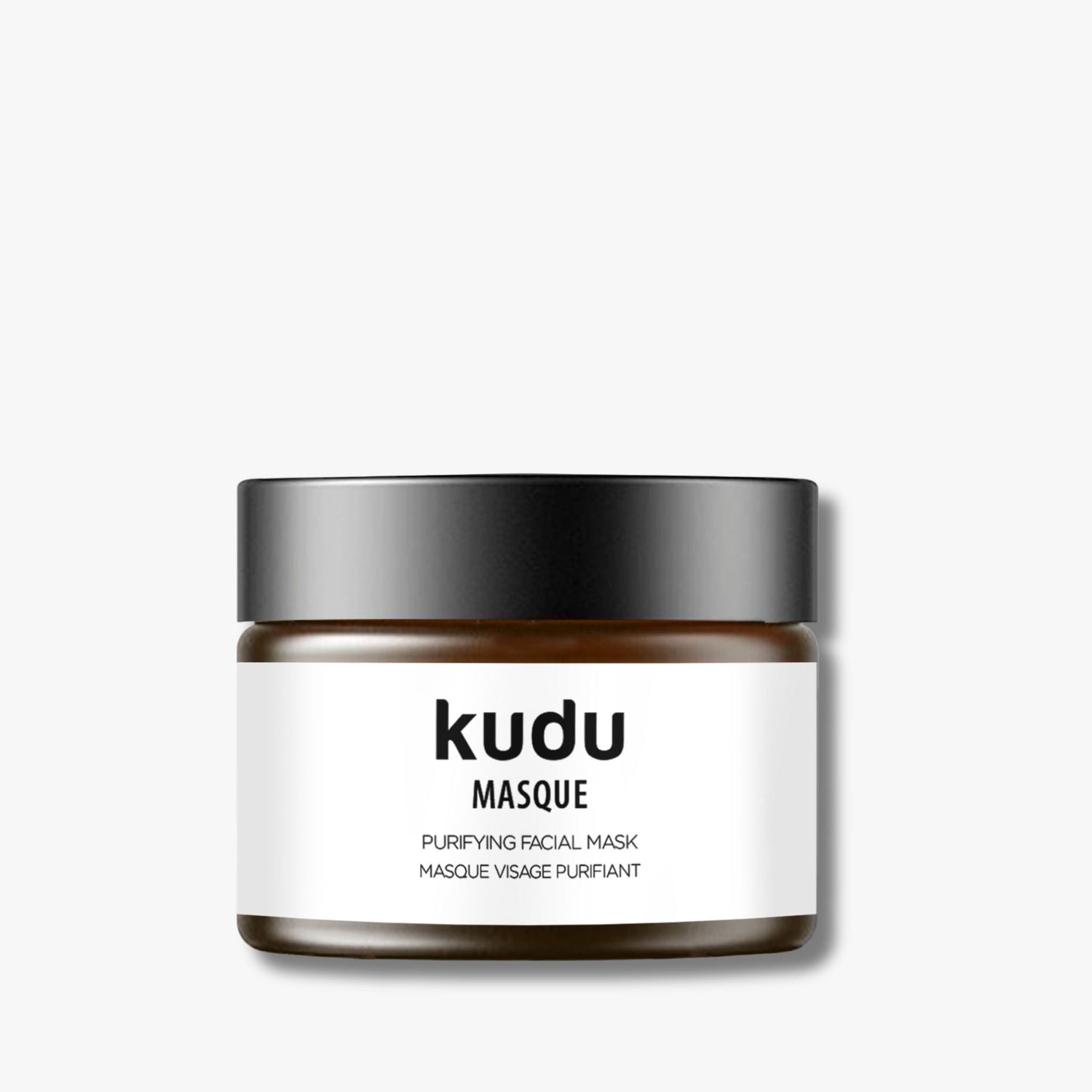 Kudu Cosmetica Purifying Face Mask in an amber glass jar on a plain background.