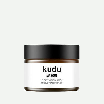 Kudu Cosmetica Purifying Face Mask in an amber glass jar on a plain background.